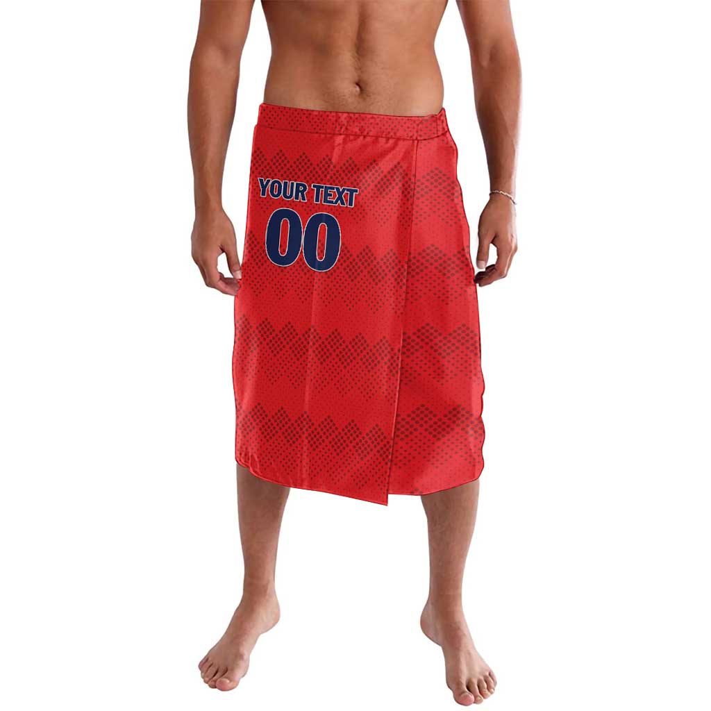 Red football shorts with elastic waistband and printed 'YOUR TEXT' and '00' front