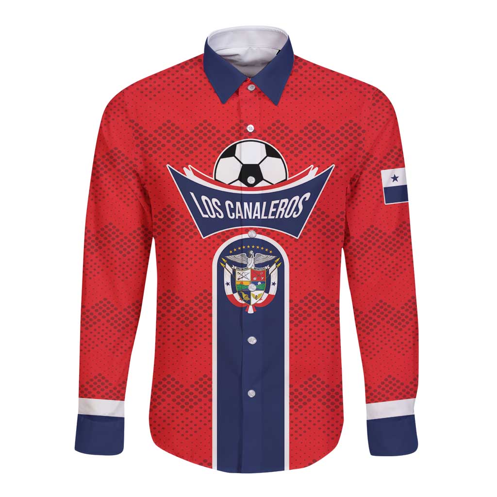 Red long-sleeve button football shirt with navy collar, cuffs, and team crest front