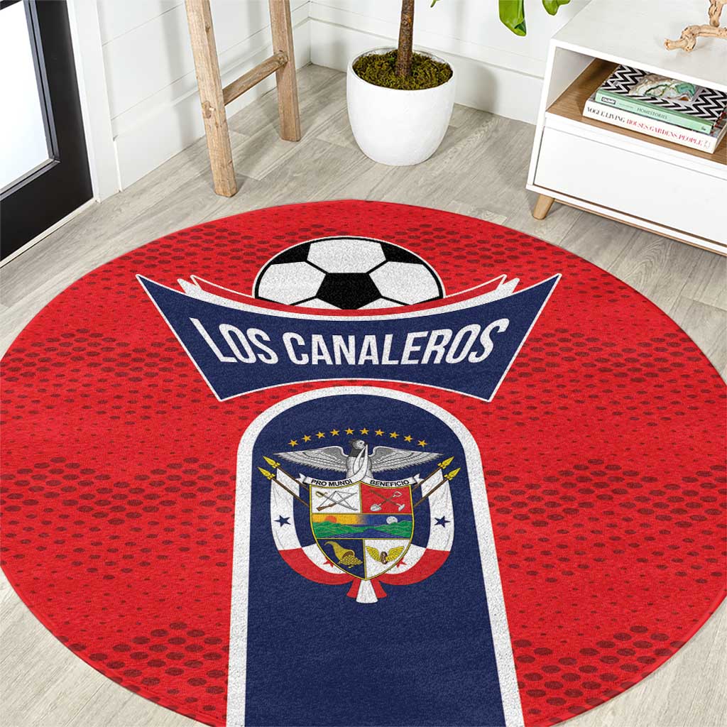 Red round football rug with soccer ball and Los Canaleros banner graphic