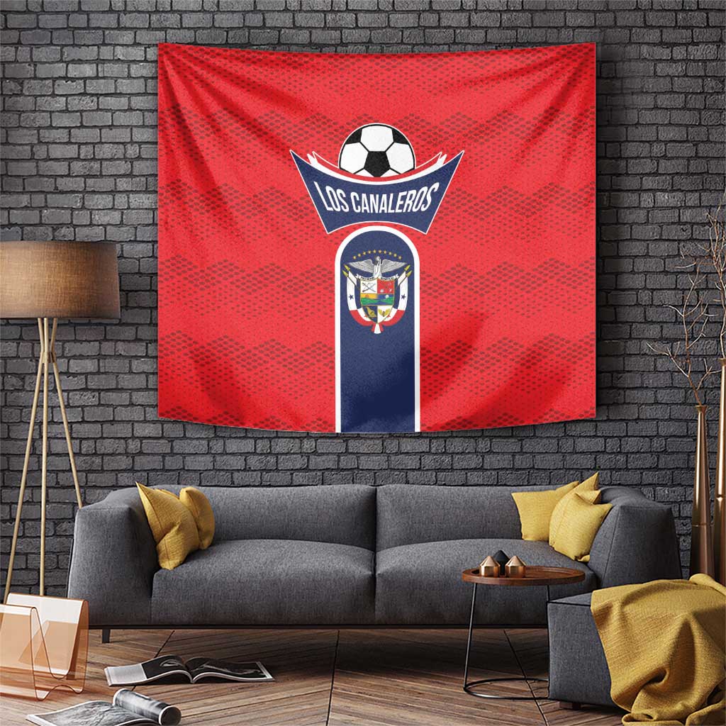Red football tapestry with Los Canaleros crest and soccer ball emblem