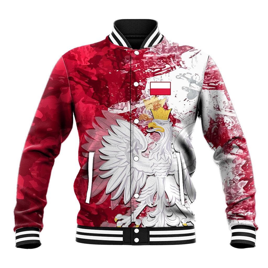 Red Poland flag baseball jacket with white eagle graphic, snap button front, ribbed cuffs