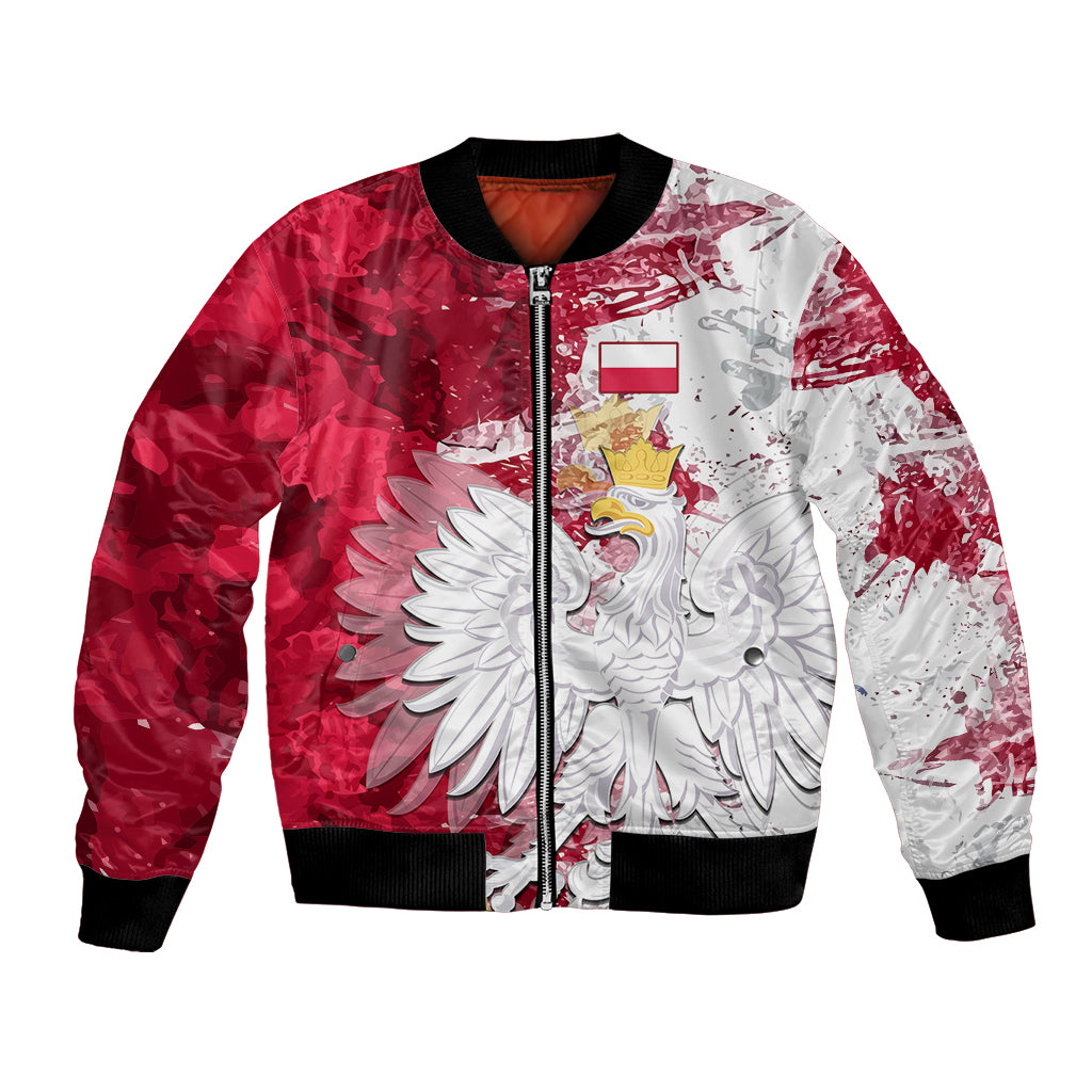 Red and white bomber jacket with Poland eagle graphic and front zipper, black ribbed trim
