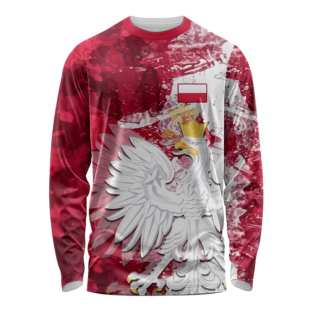 Red and white long-sleeve shirt with Poland eagle crest front graphic