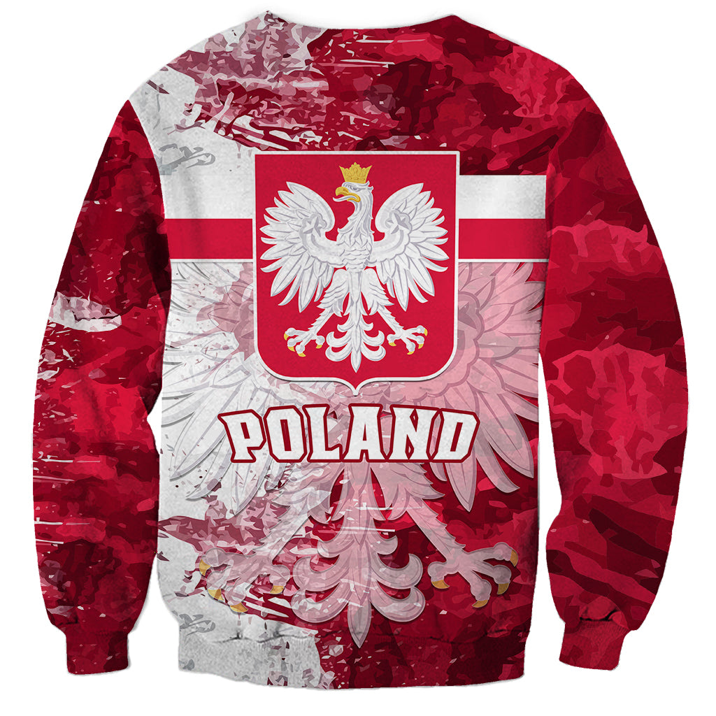 Unisex red and gray sweatshirt with Polish flag shield and POLAND text