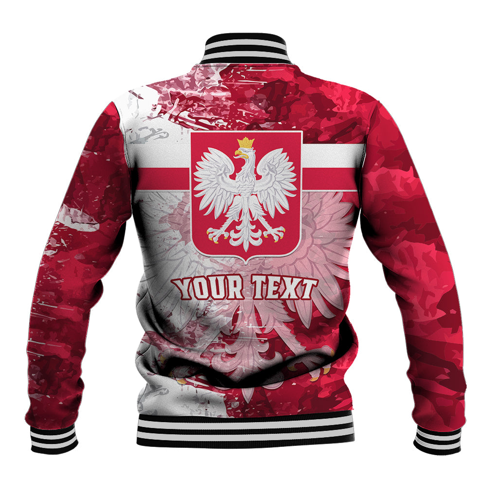 Red and white baseball jacket, back shows Polish eagle shield and optional text, striped ribs.