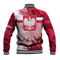 Red and white baseball jacket, back shows Polish eagle shield and optional text, striped ribs.