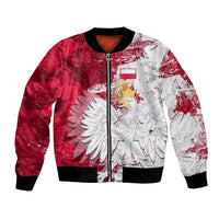 Red bomber jacket with zipper and Polish coat of arms eagle graphic, black rib trim