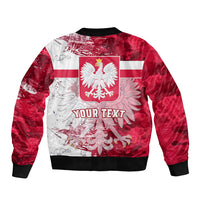 Red and white bomber jacket with Polish emblem crest and YOUR TEXT on back, black cuffs