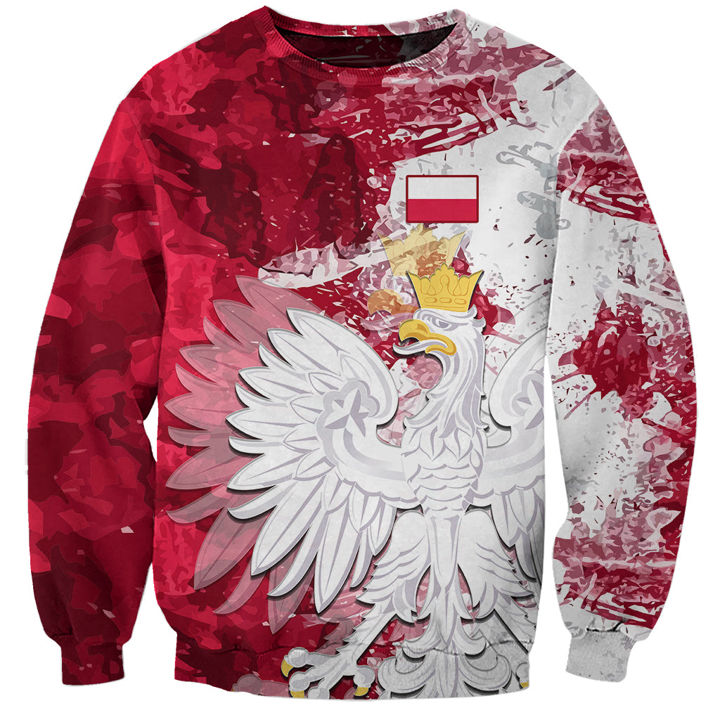 Crewneck sweatshirt with red and white abstract camo, large Polish eagle crest front