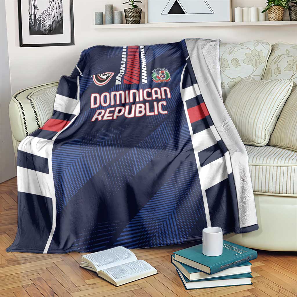 Blue Dominican Republic football blanket with bold vertical stripe and logo crest