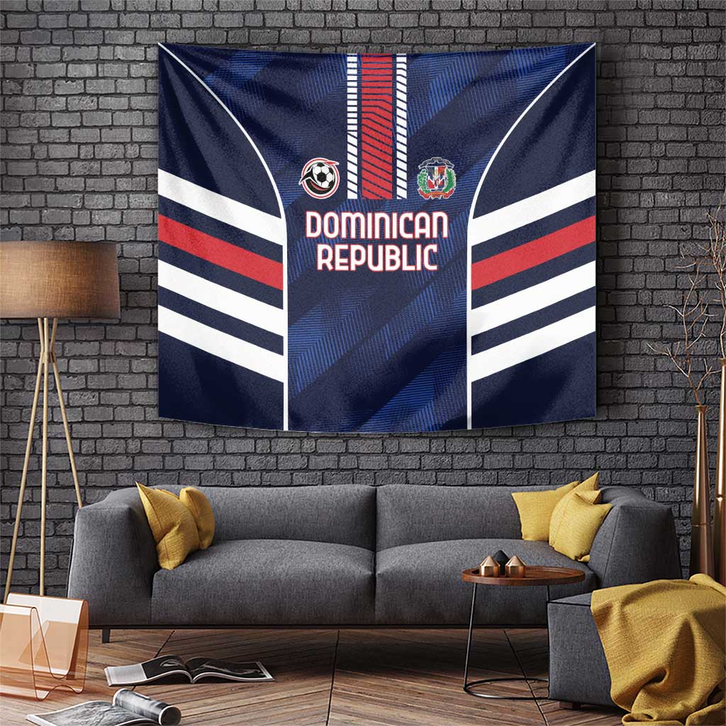Navy and white flag-themed tapestry with red stripes and Dominican emblem center.