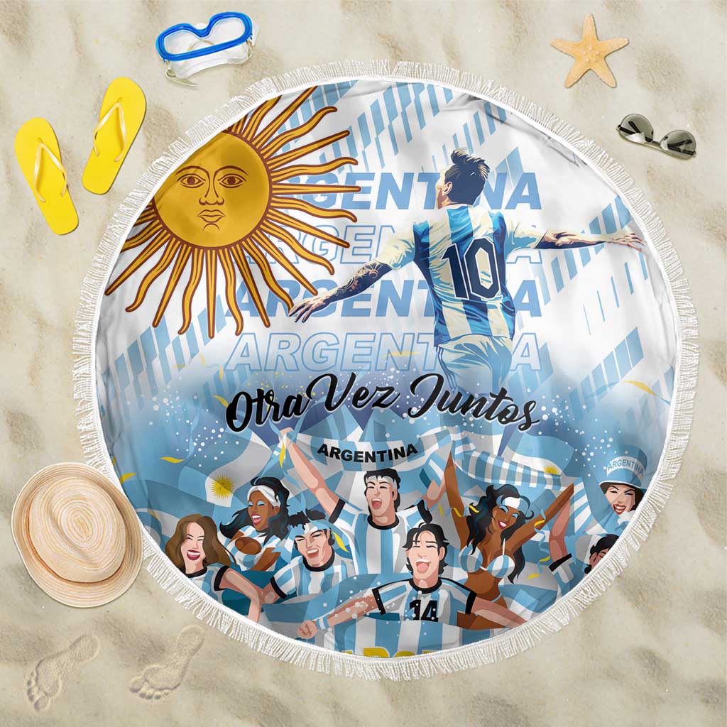 Round Argentina beach blanket with blue player artwork, text design, and fringed border