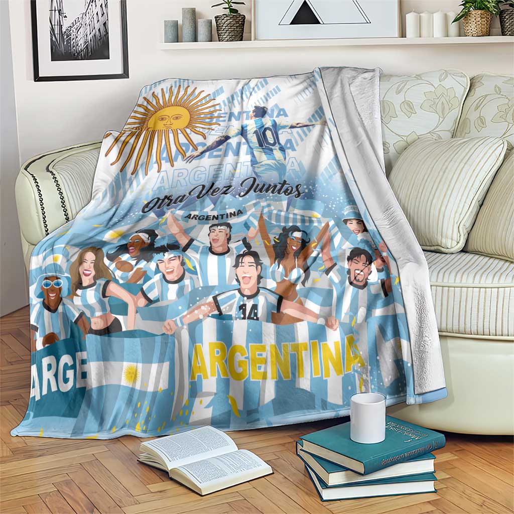 Blue Argentina 2024 football champions blanket, folded on sofa with illustrated crowd