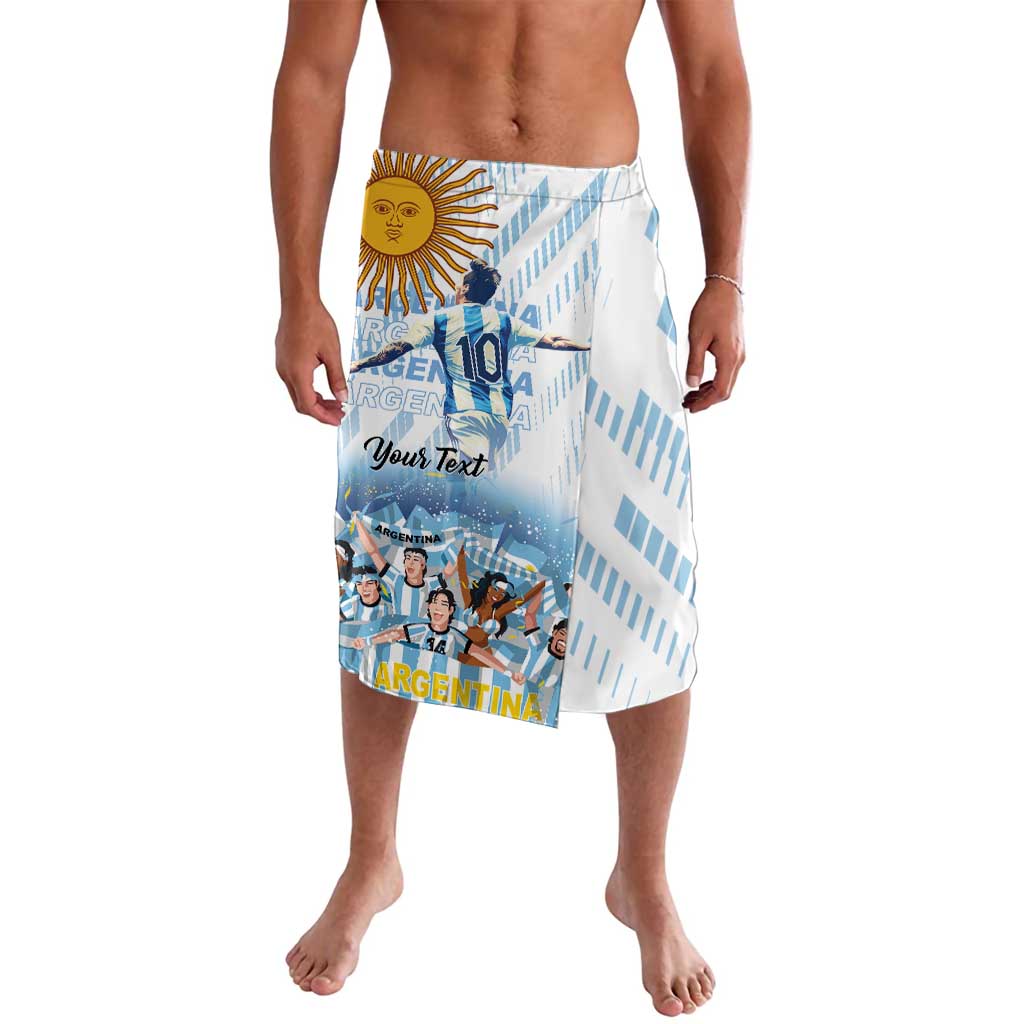 Argentina-themed sports sarong with blue diagonal stripes, sun emblem, and team graphics