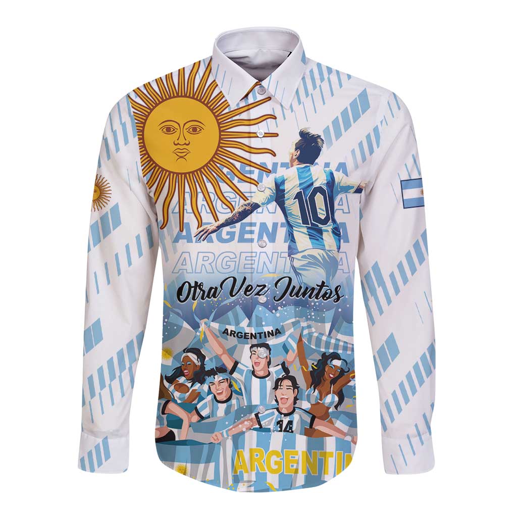 Light blue and white long-sleeve button football shirt with Argentina graphic on front