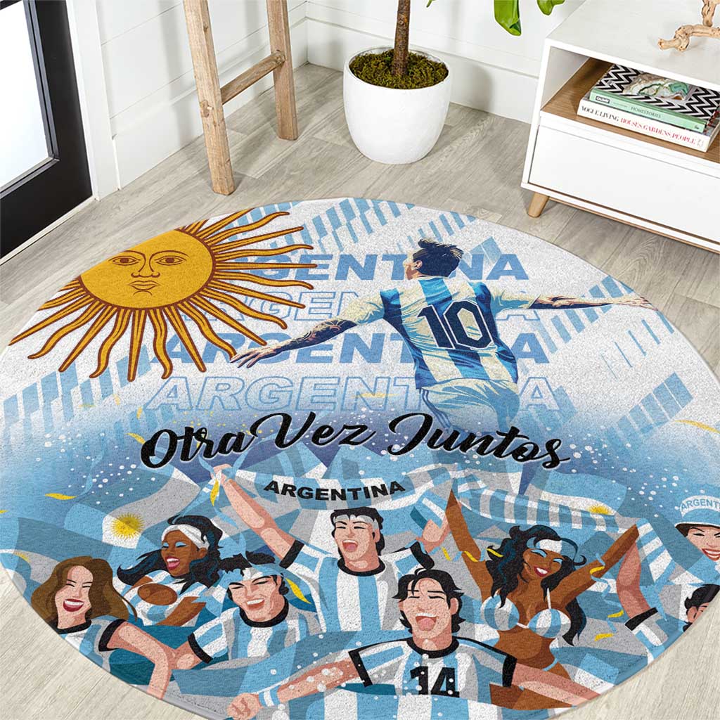Round blue Argentina football fan carpet with sun graphic and player team illustration