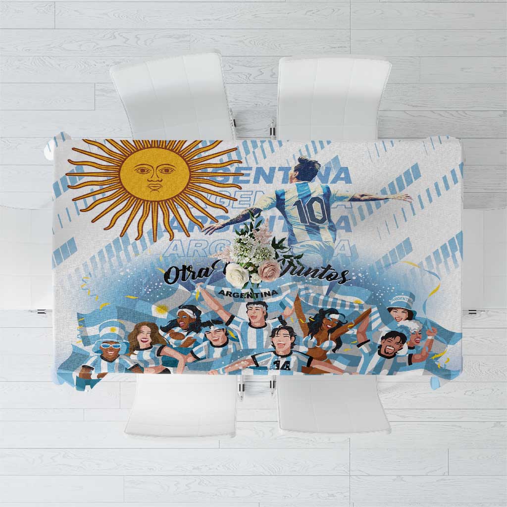 Blue Argentina-themed football tablecloth with sun and player graphics, rectangular layout