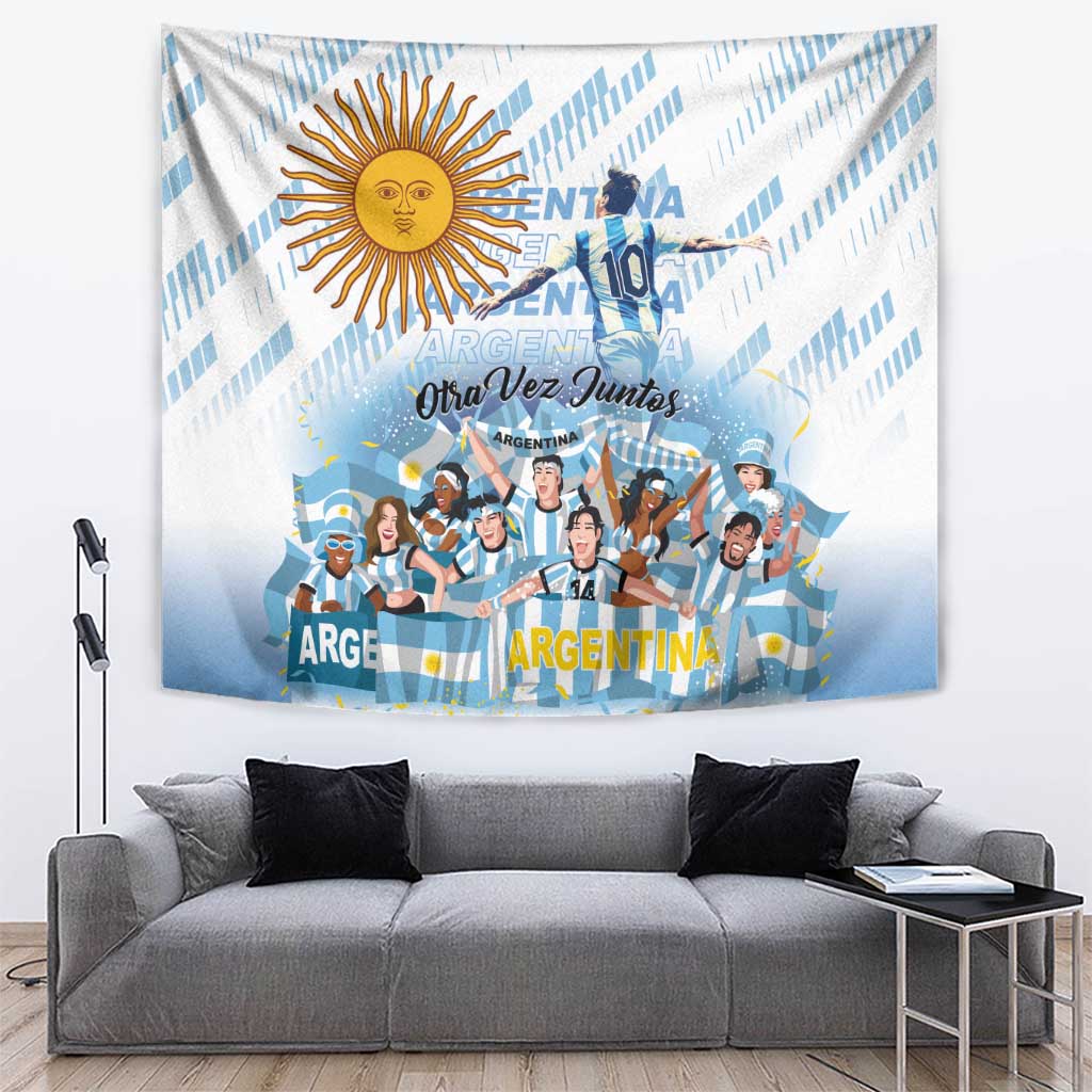 Blue and white Argentina football champions tapestry with sun emblem and cheering team graphic