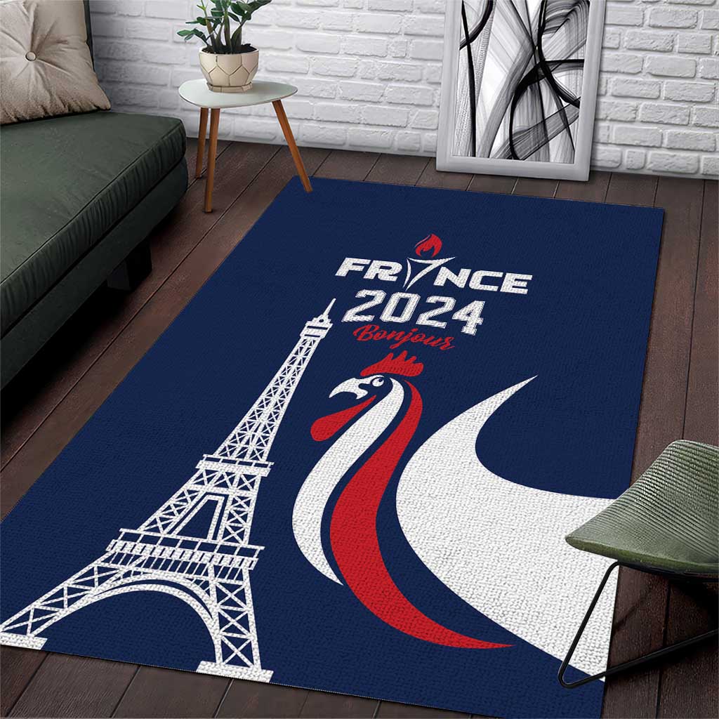 France 2024 Bonjour Area Rug Eiffel Tower Gallic Rooster - Wonder Print Shop