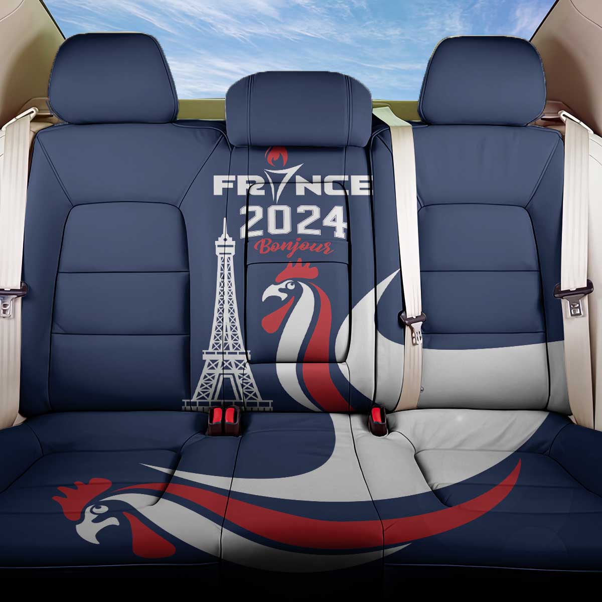 France 2024 Bonjour Back Car Seat Cover Eiffel Tower Gallic Rooster - Wonder Print Shop