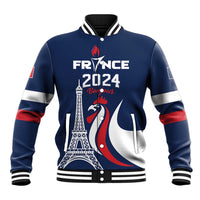 Blue baseball jacket with striped ribbed collar and cuffs, front graphic of France and rooster