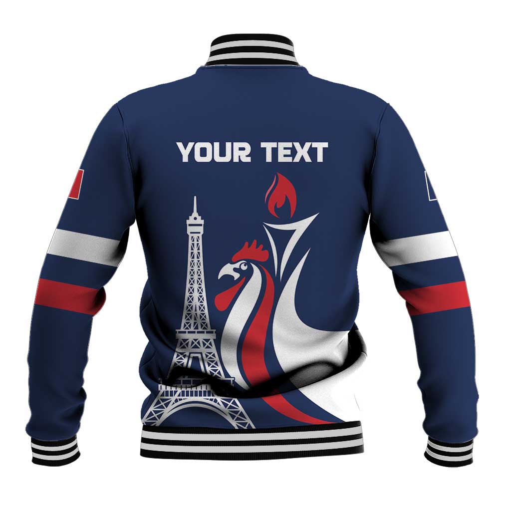 Blue baseball jacket with striped ribbed collar, back graphic with Your Text and rooster