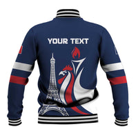 Blue baseball jacket with striped ribbed collar, back graphic with Your Text and rooster