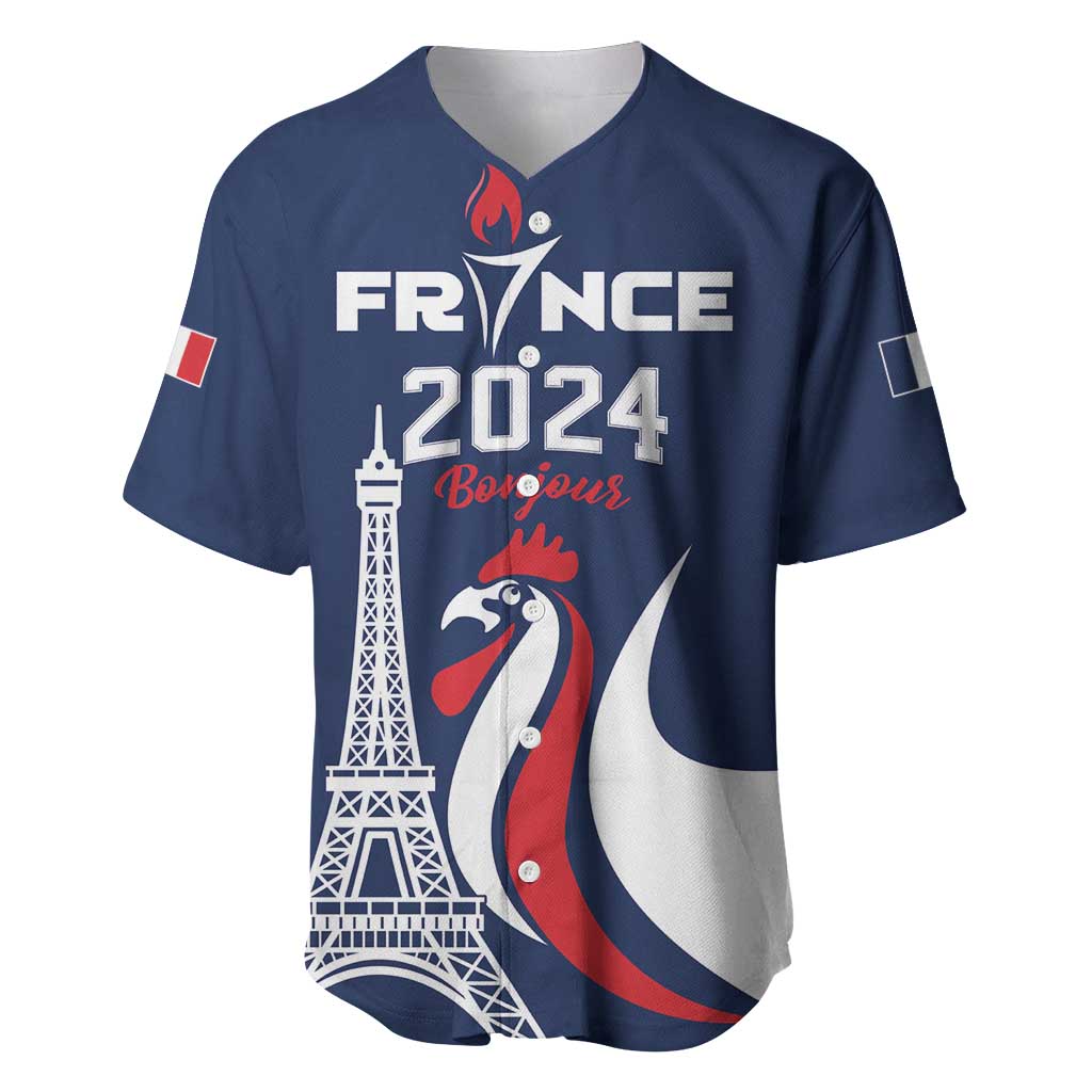 Personalized France 2024 Bonjour Baseball Jersey Eiffel Tower Gallic Rooster - Wonder Print Shop