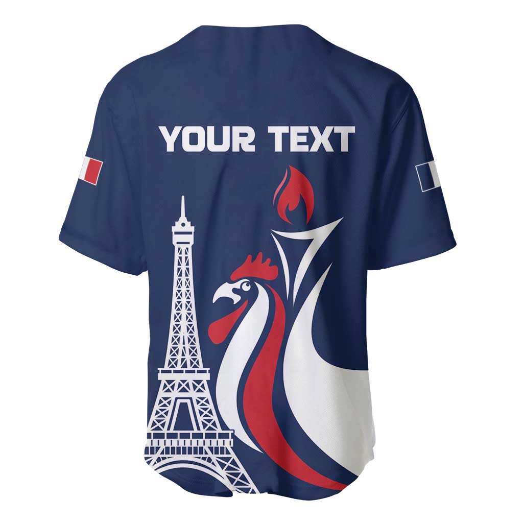 Blue baseball jersey back with YOUR TEXT, Eiffel Tower, rooster and flame graphics, sleeve flag patch