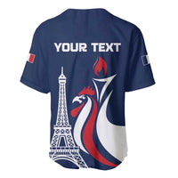 Blue baseball jersey back with YOUR TEXT, Eiffel Tower, rooster and flame graphics, sleeve flag patch