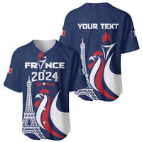 Set of two blue baseball jerseys: front shows FRANCE 2024 Bonjour, back shows YOUR TEXT with Eiffel & rooster