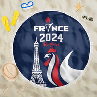 Navy blue round beach blanket with fringe, France 2024 Bonjour Eiffel Tower and rooster