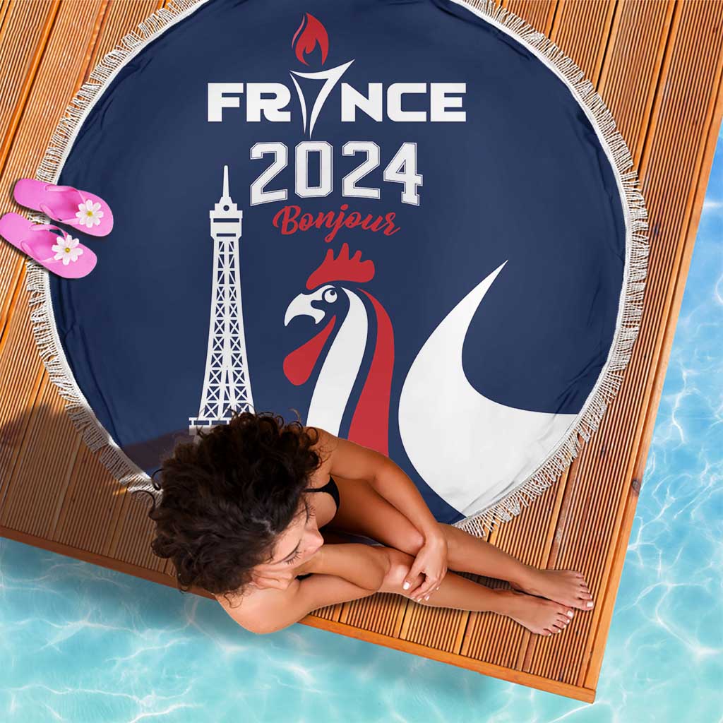 Navy blue round beach blanket with fringe, France 2024 Bonjour rooster and Eiffel Tower