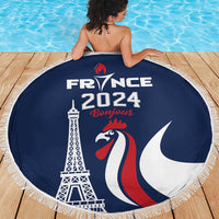 Navy blue round beach blanket with fringe, France 2024 Bonjour graphic and rooster