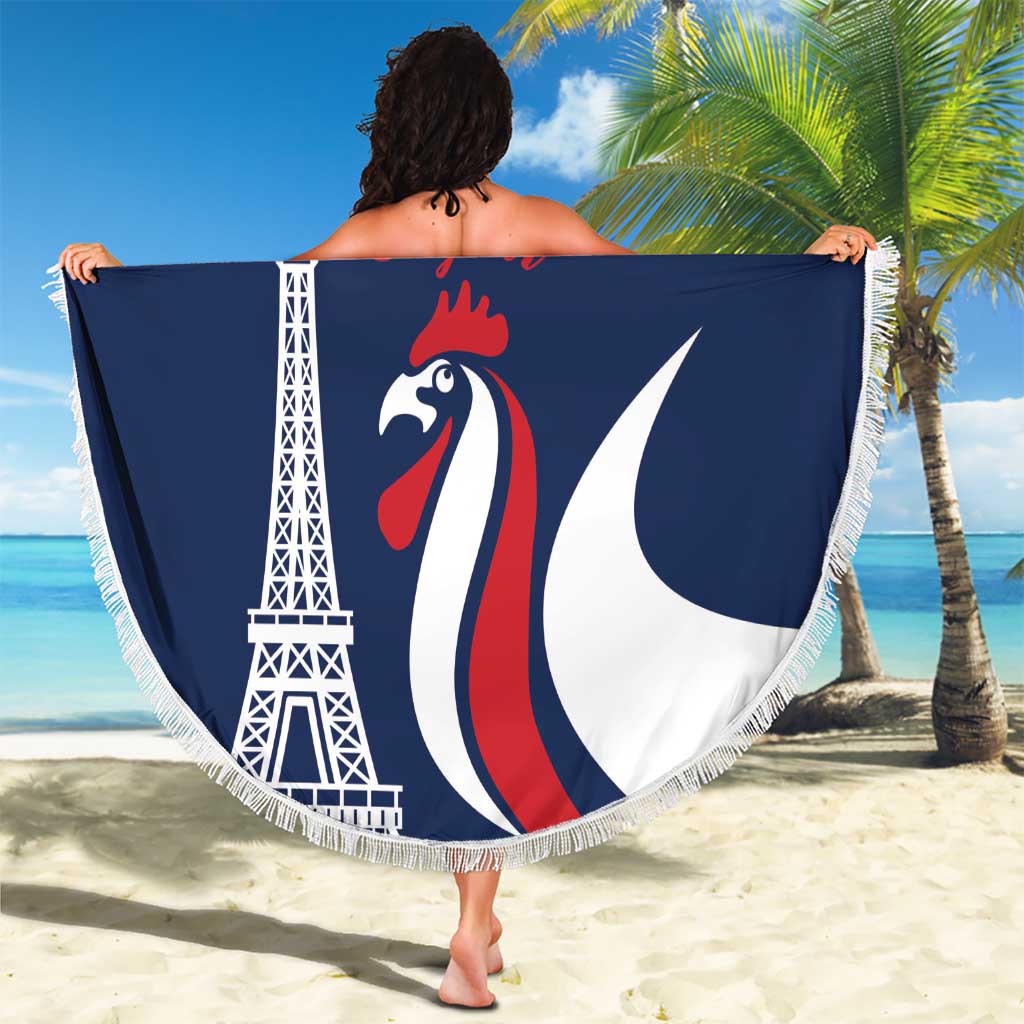 Navy blue round beach blanket with fringe, Eiffel Tower and rooster France 2024 Bonjour