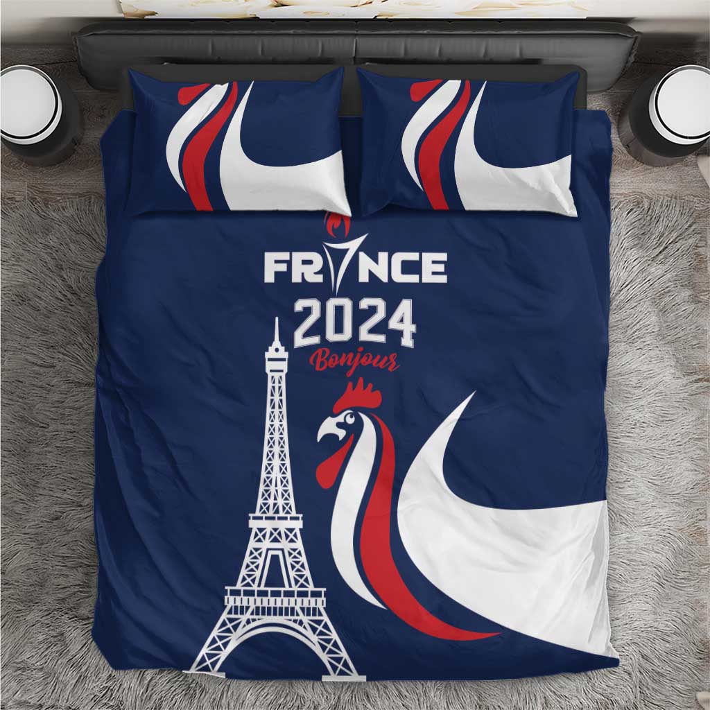 Blue duvet cover with Eiffel Tower, rooster, and France 2024 Bonjour text