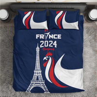 Blue duvet cover with Eiffel Tower, rooster, and France 2024 Bonjour text