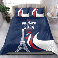 Blue bedding set with two pillows and duvet featuring Eiffel Tower and France 2024 print