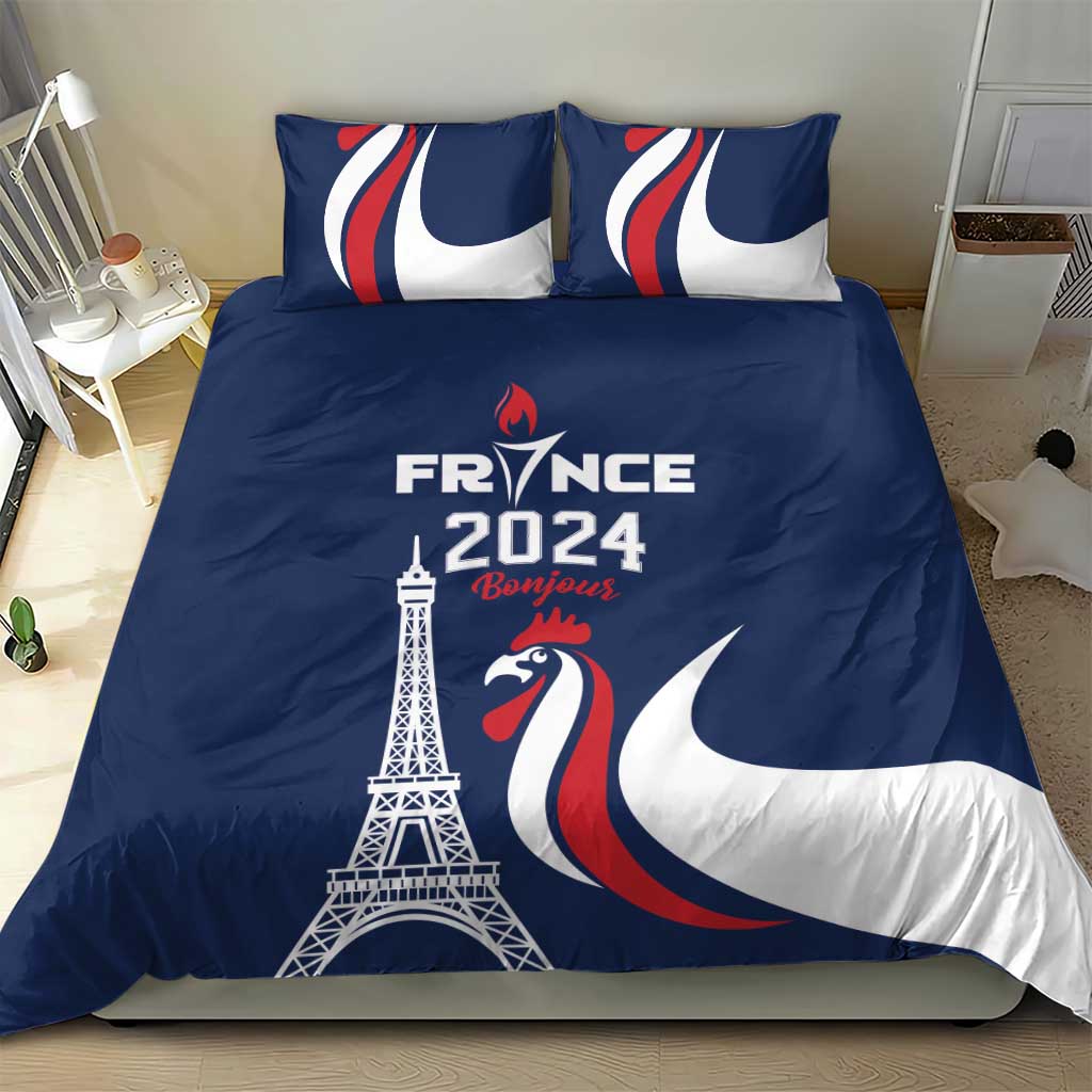 Blue duvet with Eiffel Tower, rooster, and France 2024 print with two matching pillows