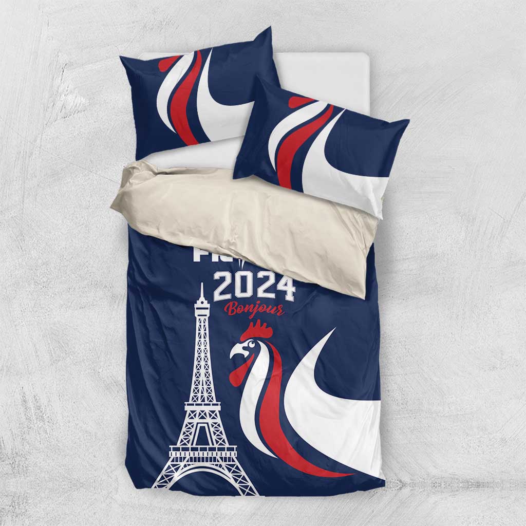 Blue duvet cover and pillow set with Eiffel Tower, rooster, and France 2024 print