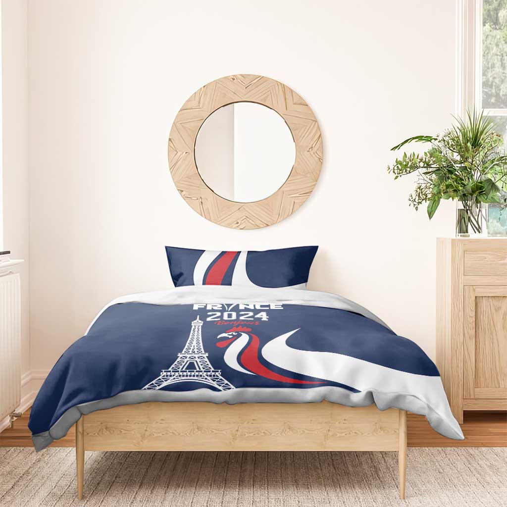 Blue duvet and pillow set with Eiffel Tower and France 2024 rooster graphic