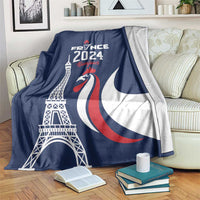 Blue blanket with Eiffel Tower, rooster emblem, and France 2024 text