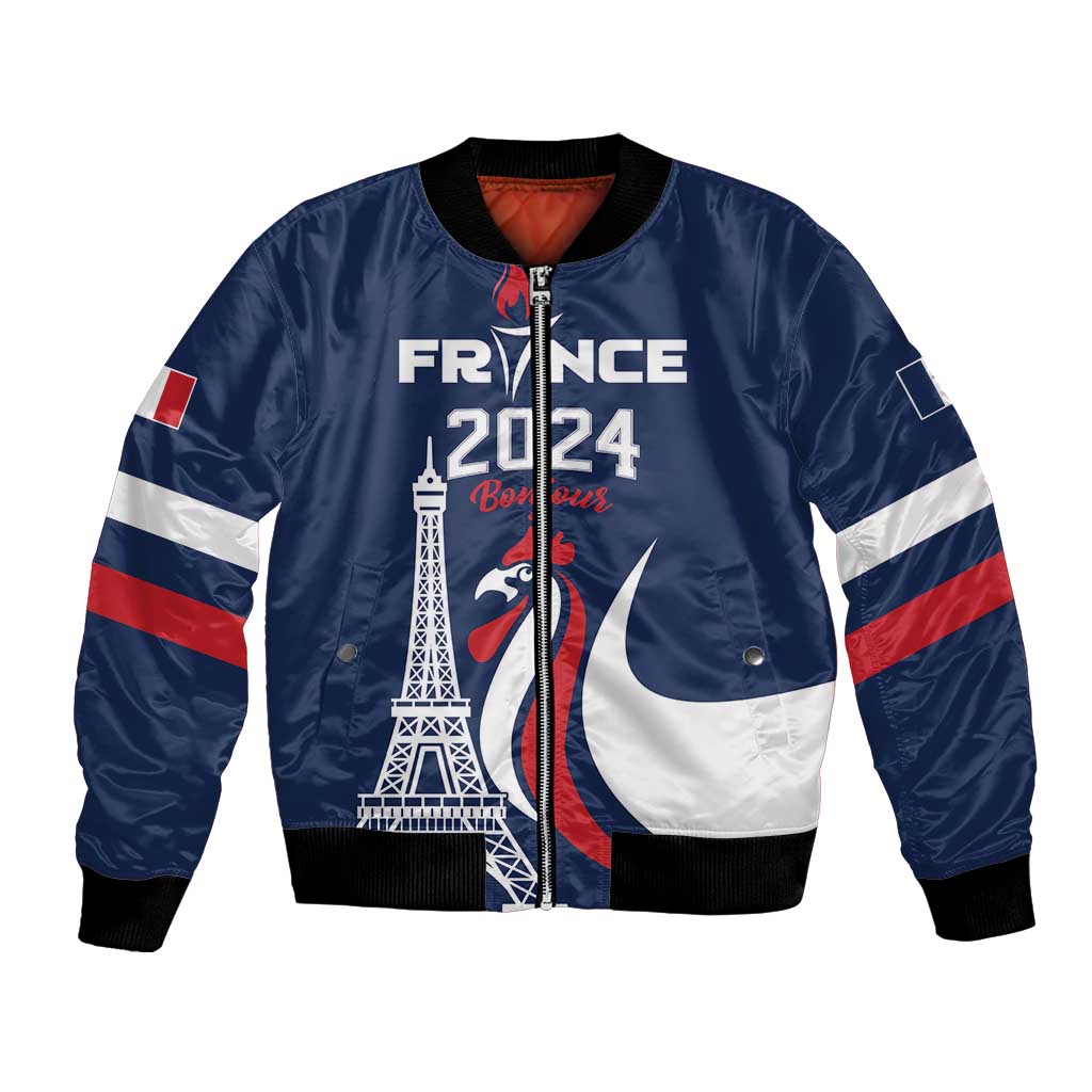 Blue bomber jacket with FRANCE 2024 front graphic, Eiffel tower, rooster, and red zipper