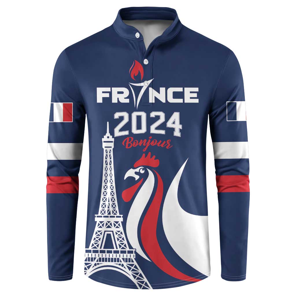 Blue button-front sweatshirt with France 2024 “Bonjour” graphic and flags sleeves