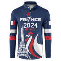 Blue button-front sweatshirt with France 2024 “Bonjour” graphic and flags sleeves