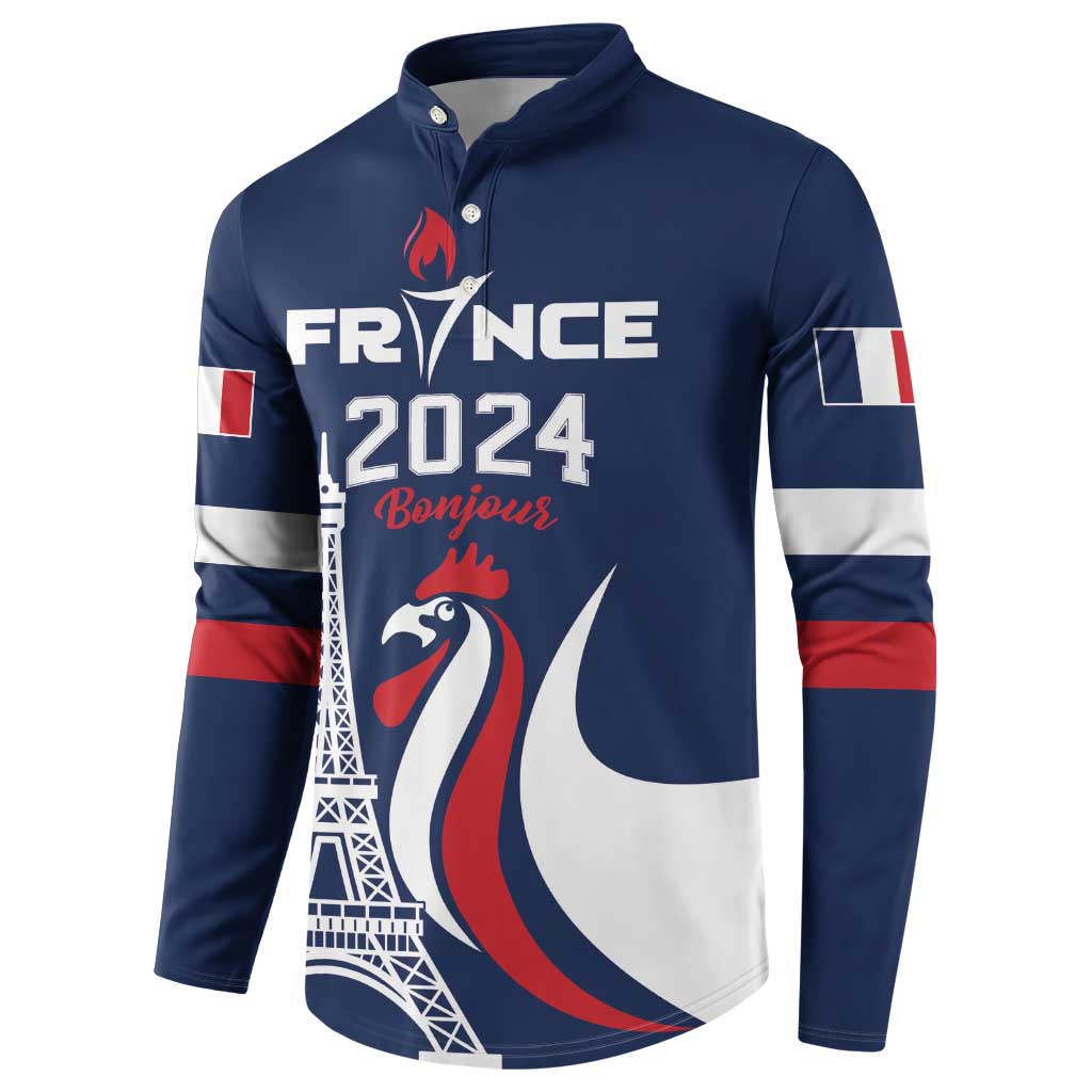 Blue button-front France 2024 “Bonjour” sweatshirt with Eiffel Tower and rooster graphic