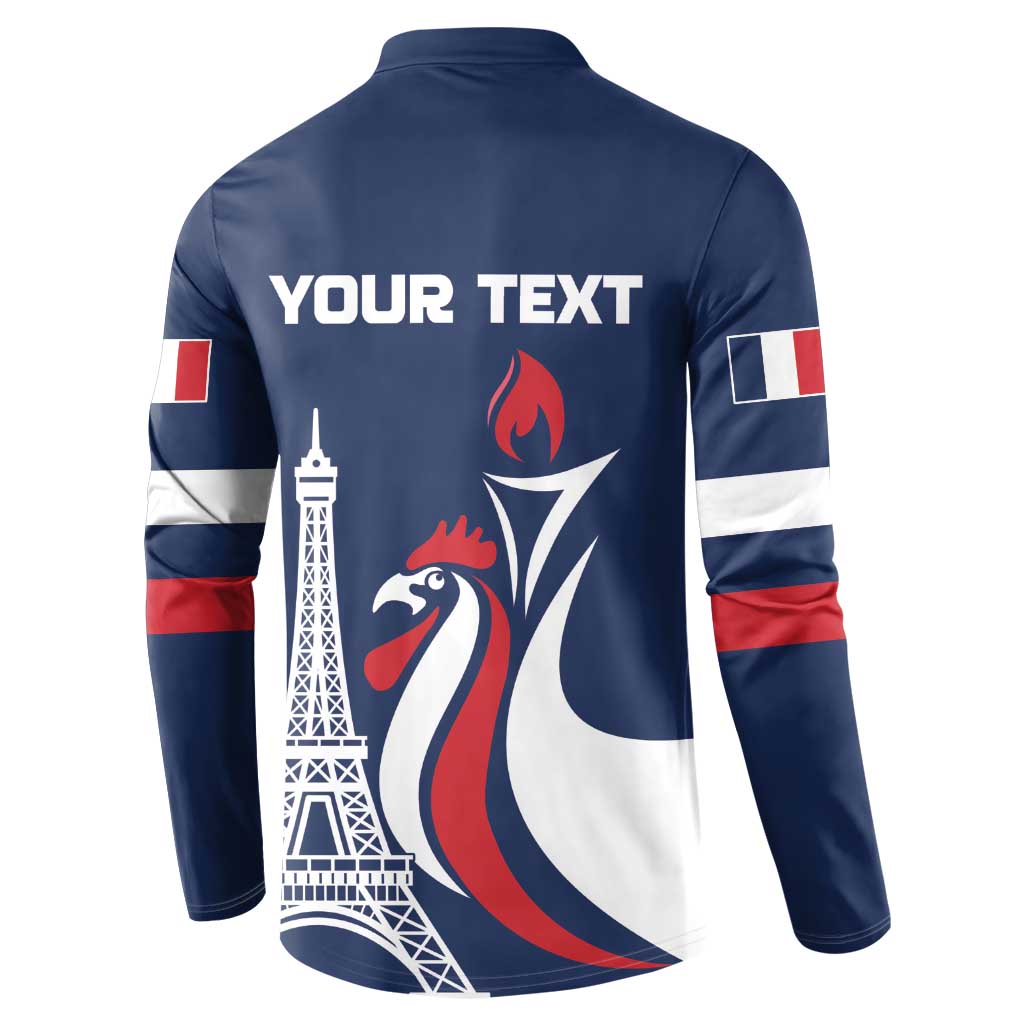 Blue button-front sweatshirt back with “YOUR TEXT” and Eiffel Tower rooster graphic