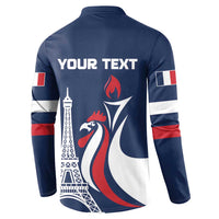 Blue button-front sweatshirt back with “YOUR TEXT” and Eiffel Tower rooster graphic