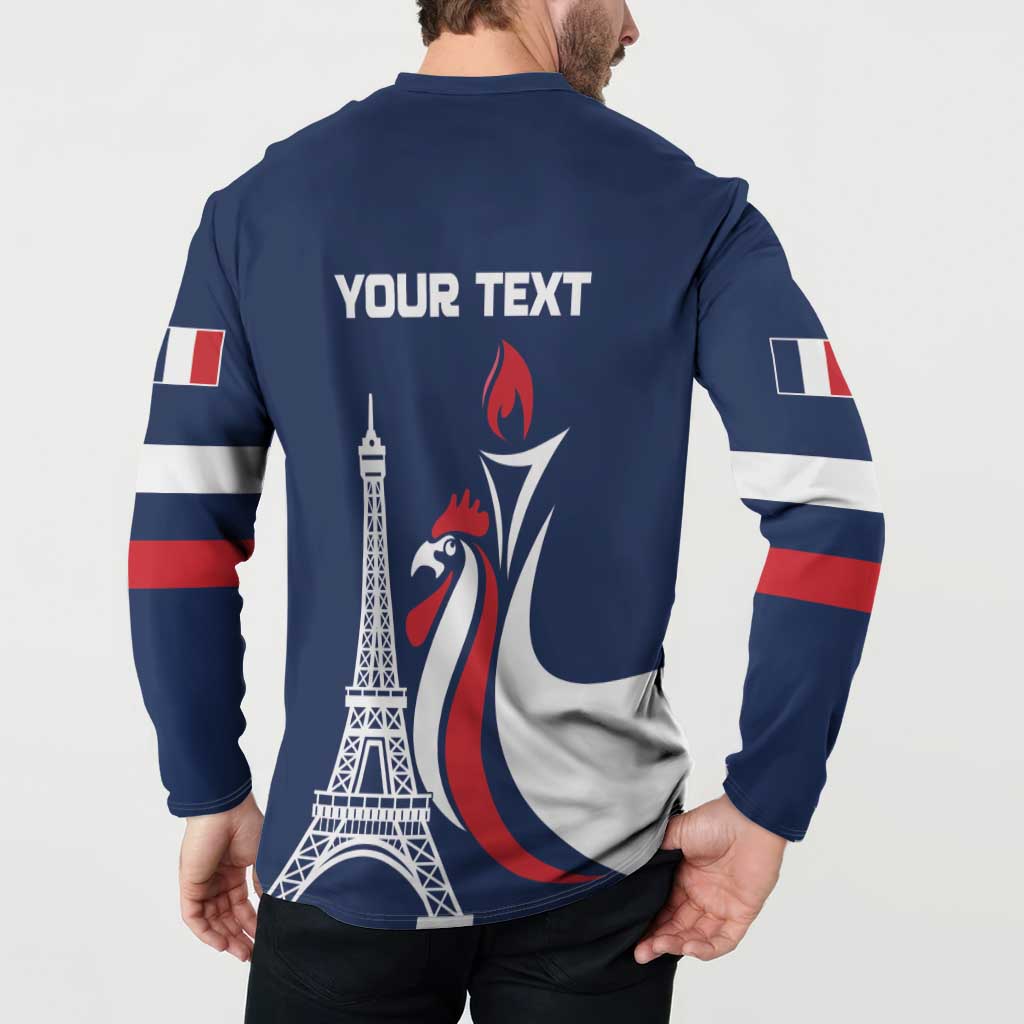 Blue button sweatshirt back view with “YOUR TEXT,” Eiffel Tower and flame rooster graphic