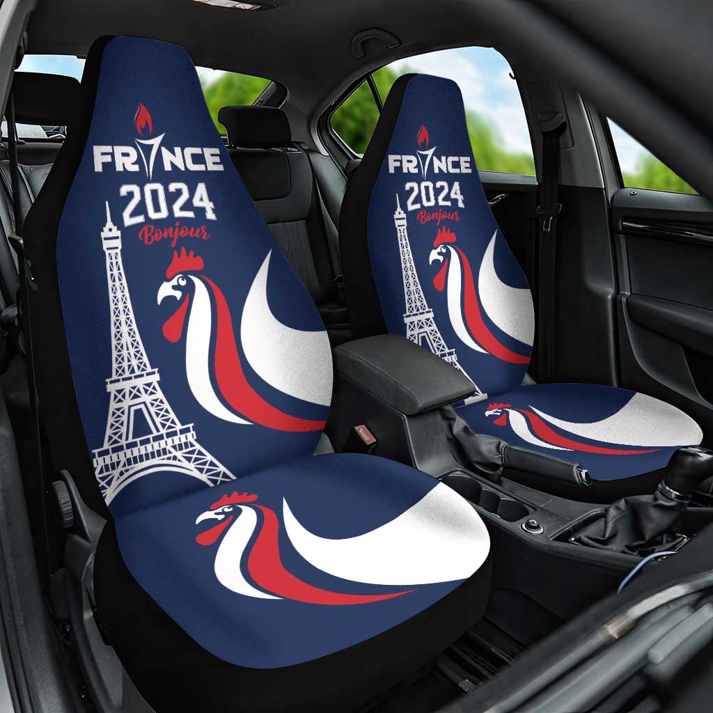 France 2024 Bonjour Car Seat Cover Eiffel Tower Gallic Rooster - Wonder Print Shop